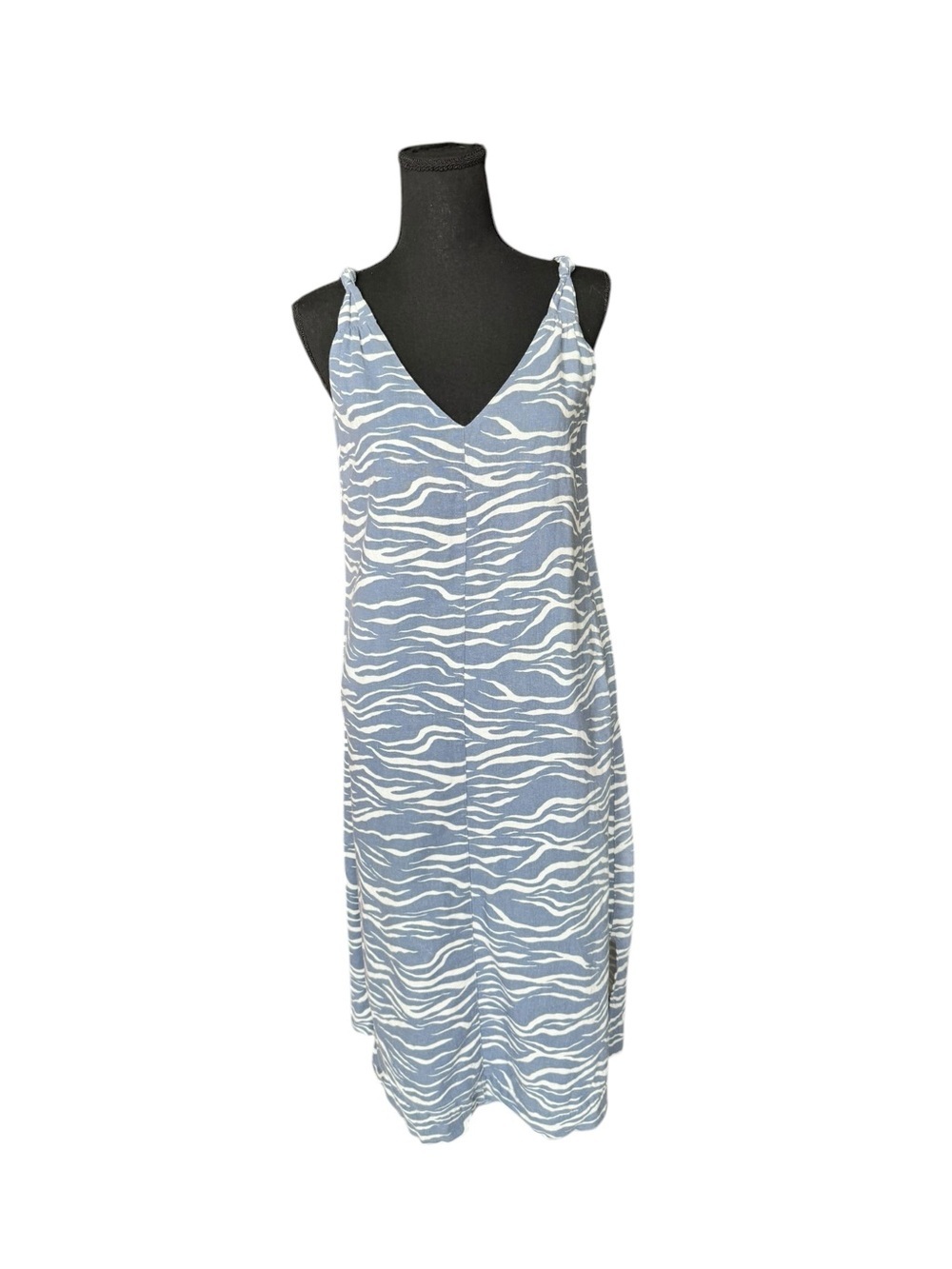 GAP Blue Zebra Print Linen Blend Midi Dress Coastal Grandmother Small Tall CC5
